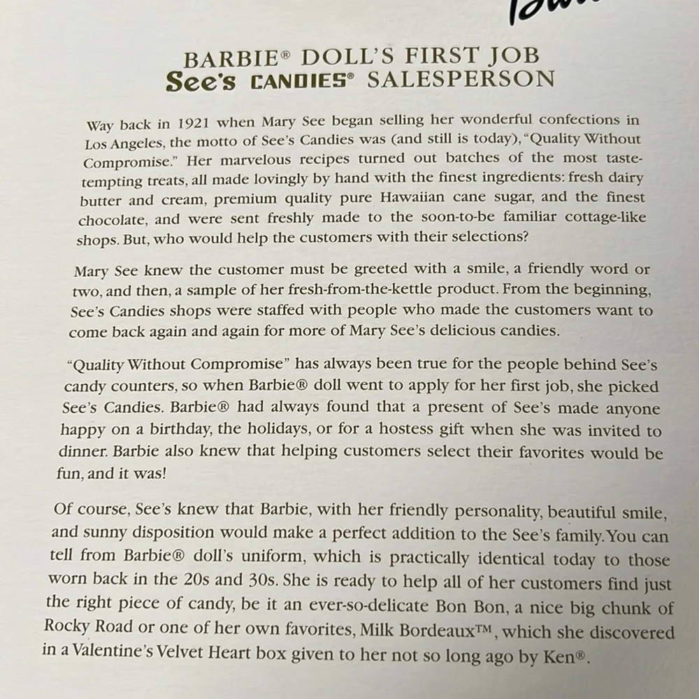 Mattel 1999 See's Candies Barbie A Happy Habit Vintage Doll in Box